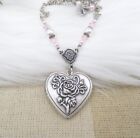 Silver Plated floral heart Locket Necklace, Pink Pearl Crystal Girly Jewelry