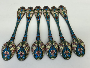 Set of 6 antique Russian silver 84 cloisonne shaded enamel spoons by N. Alexeyev