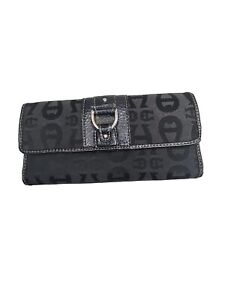 Etienne Aigner Bifold Wallet Black Logo Jacquard Leather ID Cards Coin Slip