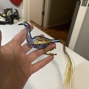 Vintage Germany Blue Gold Glitter Bird Peacock Tinsel Tail Glass Clip Ornament
