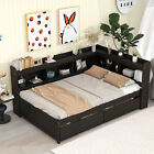 Modern Espresso Full size Bed frame with L-shaped Bookcases and 2 Drawers
