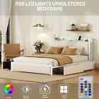 Bed Frame with LED Headboard, Upholstered Bed with 4 Storage Drawers+USB BEST US