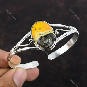 Natural Bumble Bee Jasper Gemstone Bangle Adjustable 925 Sterling Silver Jewelry