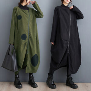 Women Korean Fashion Polka Dot Zipper Asymmetric Loose Dress Outwear Casual Coat