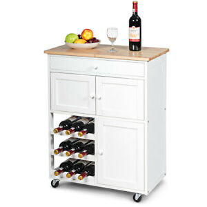 Modern Rolling Kitchen Cart Trolley Island Storage Cabinet w/Drawer&Wine Rack