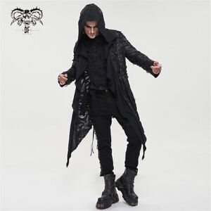 Devil Fashion Men's Black Gothic Punk Grunge Irregular Loose Hooded Trench Coat