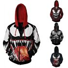 Marvel Anti-Hero Venom Cosplay Hoodie Mens Zipper Print Hooded Jacket Sweatshirt
