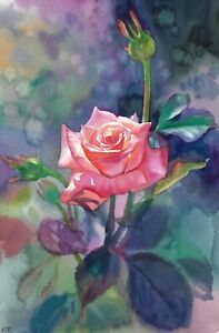 New Listingoriginal painting 20 x 30 cm 48PV Art modern Realism Watercolor flower rose