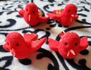 Vintage Set of Four Red Flocked Bird Christmas Ornaments