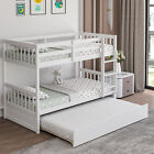 Twin Over Twin Bunk Bed with Twin Trundle Solid Wood Frame