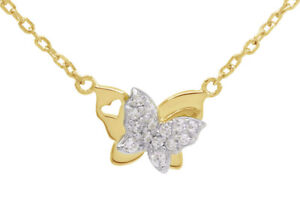 Round Simulated Doble Layered Butterfly Pendant Necklace 14k Yellow Gold Plated
