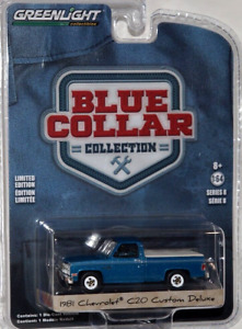 Greenlight 1981 Chevy C20 Custom Deluxe Blue Pickup Truck 1/64 Squarebody