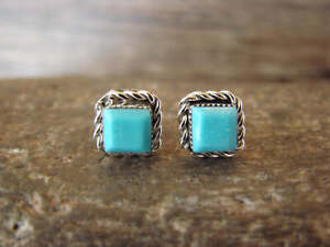 Zuni Indian Sterling Silver Square Turquoise Post Earrings by Leander Cachini
