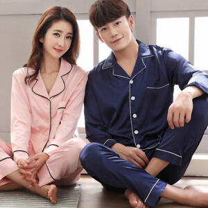 Womens Men Comfort Satin Silk Pajama Sets Sleepwear Homewear Nightwear Homewear