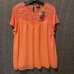 Torrid Top Womens 1 1X Orange Babydoll Lace Floral Lined Flowy Boho Blouse NEW