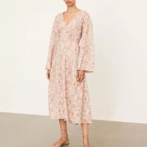Vince Dahlia pink Floral Print Long Sleeve V-Neck Midi Dress Size XS NWT