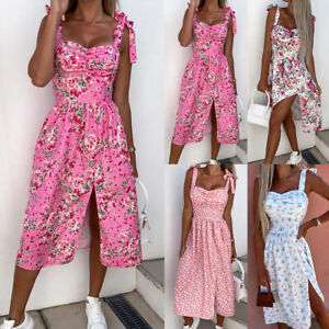 Womens Summer Floral Boho Strappy Midi Sundress Ladies Holiday Beach Split Dress