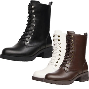Women Black Low Heel Lace Up Mid Calf Boots Military Combat Boots