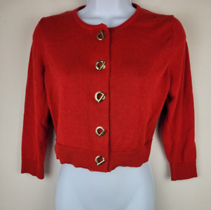 Womens Cropped Cardigan Sweater Top M Red Gold Metal Buttons Lightweight Casual
