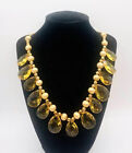 Faceted Yellow Acrylic & Brushed Gold Tone Bead Bib Necklace Vintage Jewelry