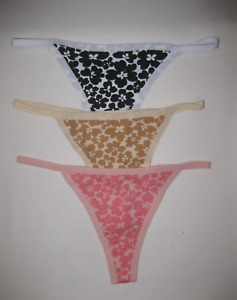 Shein 3pk floral print cotton thong panties S black & white/tan/pink nip Y2K