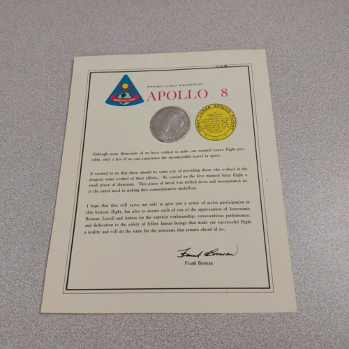 NASA Apollo 8 MFA Award Certificate & Medallion w Flown Aluminum Borman READ