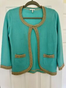 Escada sweater EUC - turquoise blue with embellished gold camel trim size 38