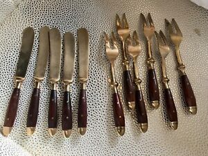 5 Knives & 6 Forks Size 5” Vintage Thai Siam Brass Bronze Wood Handle Silverware
