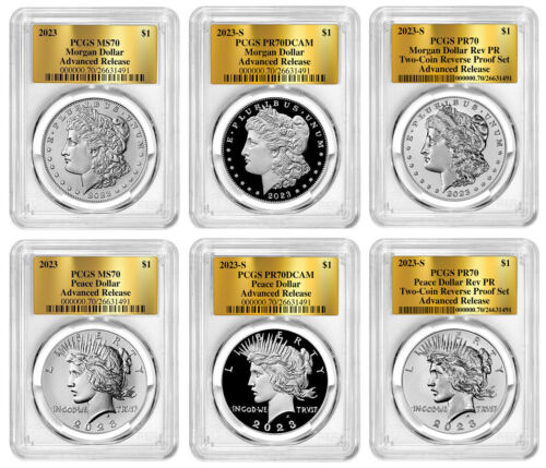 6 Coin set 2023 (MS/PR70) Morgan Peace Dollars Advance Release AR PCGS Gold Foil