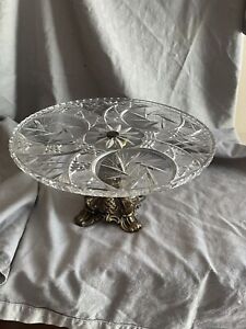 New ListingVntg Hollywood Regency Cake Stand With Brass Base And Pressed Glass-rare