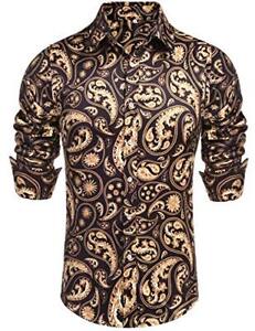 Mens Long Sleeve Fashion Luxury Button Down Dress Shirt for Party Casual, Medium