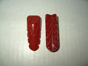 2 Different Vintage Blood Red Carved BAKELITE Art Deco Fur-Dress-Scarf Clips