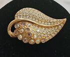 Swarovski Brooch Pin Leaf Gold Tone With Crystals Signed