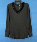 NWT MILAN KISS Charcoal RIBBED KNIT w/Black Sequins V-NECK Pullover TOP BLOUSE L