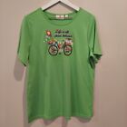 Quacker Factory Size Large Green Bicycle TShirt Rainbow Embroidered Short Sleeve