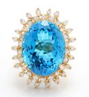 32.00 Carat Natural Blue Swiss Topaz and Diamonds in 14K Solid Yellow Gold Ring
