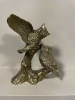 VTG Solid Brass Statue Two Owls on Tree Perched  7”T Bird Figurine Collectible