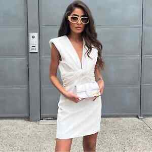 ZARA Shoulder Padded Blazer Mini Dress White Size Small Front Knot V Neck Bridal