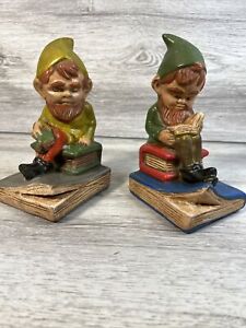 Vintage Bookends Gnomes Elves Reading Books Hand Painted Rustic Rare Unique