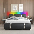 Faux Leather Full Queen Size Platform Bed Frame with LED Adjustable Headboard