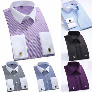 Collar Cuff Dress White French Shirts Men's Casual Striped CS340 Business Luxury