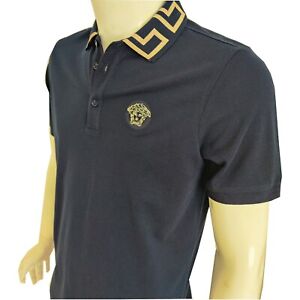 Mens Polo Versace T Shirt Short Sleeve Navy Blue & Gold US Slim Size Embroidered