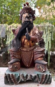 Antique 19th Century Chinese Guan Gong God of Wealth Carved Wood Buddha Statue