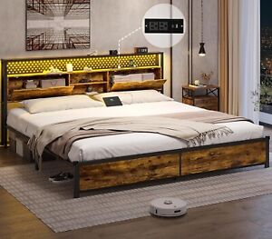 LED King Size Bed Frame with Storage Headboard Metal Platform Bed Vintage Brown