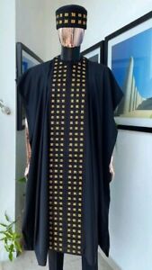 Blue-black and Gold Agbada Babariga 3 Pieces Groom Suit Men African Clothing