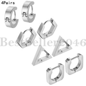 4 Pairs Stainless Steel Small Hoop Huggie Hinged Ear Stud Earrings Men Women Set