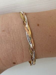 925 Silver TriColor Yellow Rose Gold Plated Twisted Braided Herringbone Bracelet