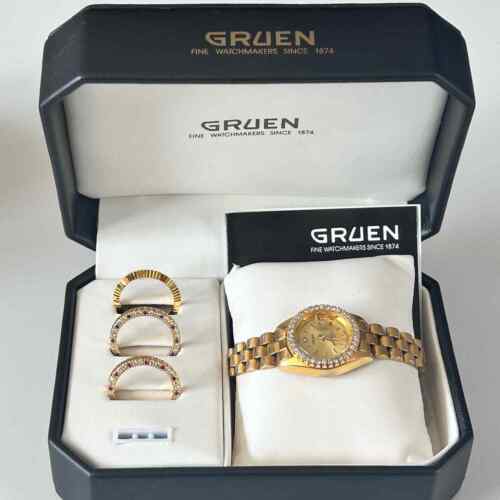 Gruen Precision VTG  Gold Tone Ladies Watch with Interchangeable Bezel
