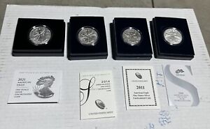 LOT OF (4) AMERICAN SILVER EAGLES! ALL WITH CASE AND COA! 2008-2011-2014-2021