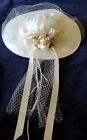 Ivory Sinamay, Silk & Net Wide Brim Bridal Hat with Floral & Ribbon Back Accent